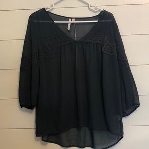 Navy sheer Lauren Conrad top with lace detail